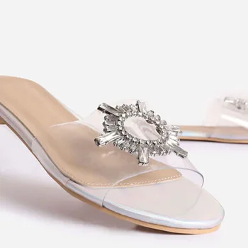 2022 Летни сребрист дамски сандали на равна подметка, домашни плажни обувки с кристали, дамски джапанки, Прозрачни, по-големи Размери 42