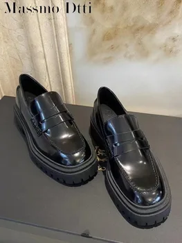 2022 Нови Летни дамски обувки от естествена кожа В Масивна квадратен ток с квадратни пръсти, Лоферы без закопчалка, Ежедневни Однотонная дамски обувки