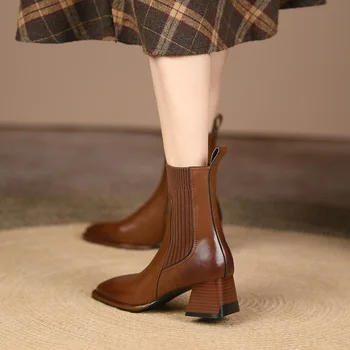 2022 Френски есенно-зимни дамски Високи ботуши в стил ретро ретро, дамски зимни еластични възли Ботильоны на дебелите ток, Ботильоны, обувки