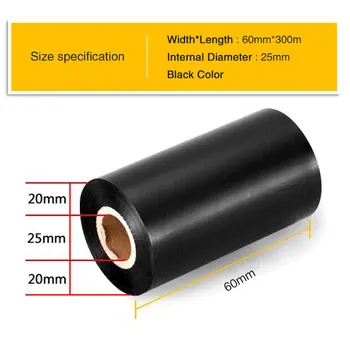 2PK Восъчна Лента с Черен Цвят 60 мм (ширина) * 300 м (дължина) 25 мм (Вътрешен диаметър) за Термопереноса баркод принтер за печат на етикети