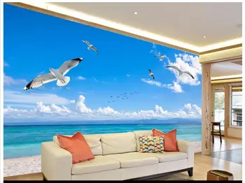 3D стенописи тапети по поръчка картина на Съвременен морски пейзаж, синьо небе, бели облаци чайка фон монтиране на украса живопис