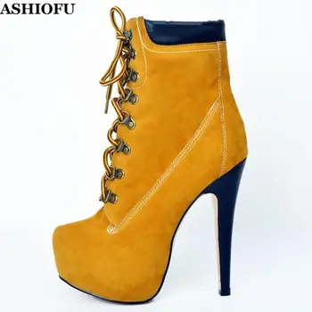 ASHIOFU/ Новост; търговия на едро; дамски обувки на висок ток; Ботильоны за парти и бала на платформата със шнур; зимни вечерни модни къси ботуши XD154