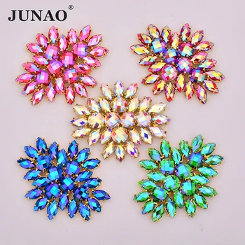 JUNAO 2 елемента 45*59 мм Цветни AB Шевни Кристали и Цветя от Стъклени Кристали Апликация Flatback Златен Нокът Кристали Шият Кристални Камъни