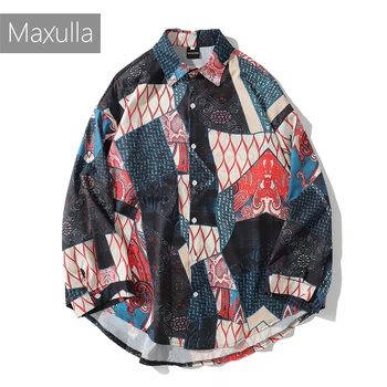 Maxulla Мъжка риза с дълъг ръкав и принтом, однобортные ежедневни ризи в стил хип-хоп stlye, Негабаритная Градинска облекло Mla004