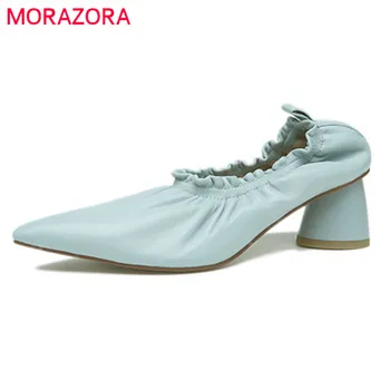 MORAZORA/нов прием на 2022 година, женски обувки-лодка От мека кожа, плисе тънки обувки без закопчалка На Висок ток с остър пръсти, удобни ежедневни обувки