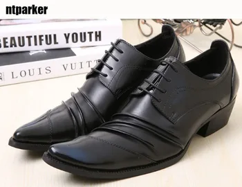 ntparker/ мъжки кожени обувки в западен стил, бизнес черни кожени обувки с квадратни пръсти, увеличаване на растежа, EU38-46!