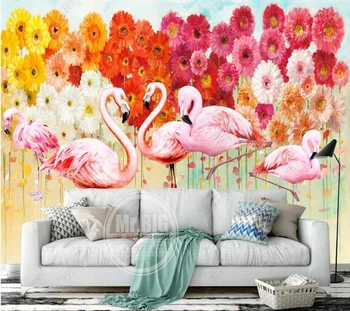 Papel de parede на Модерното изкуство фламинго цвете морето 3d тапети, спалня кабелна телевизия бар стенописи декора на стените