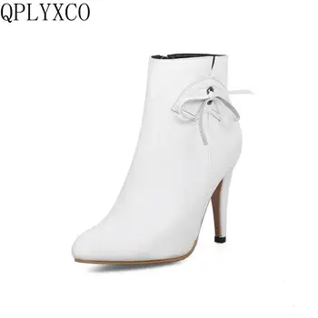QPLYXCO/ големи и малки размери 28-52, ботильоны, къси есенно-зимни стилни пикантен дамски обувки на висок ток за сватбени партита, женски Y708