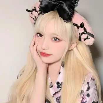 Sanrio Mymelody Kuromi Kawaii Снимка на Сладко момиче с мультяшными японски плюшени аксесоари за коса, Грим Измиване на лицето Лейси превръзка на Главата