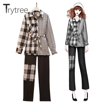 Trytree 2020 г., на Есента Комплект от две части, Всекидневни Женски Асиметричен Карирани Топ с Колан + Панталони с Джобове с дължина до глезена, Офис Женски Комплект от 2 теми