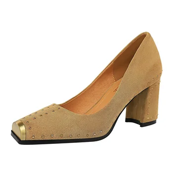 UMMEWALO/дамски обувки на висок ток, Ново записване, дизайнерски метални обувки-лодка с квадратни пръсти и нитове, дамски Високи Обувки, дамски обувки