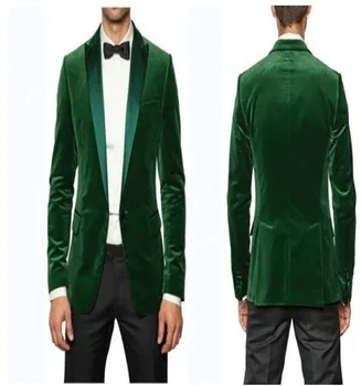 Velvet сакото на Младоженеца Връх Сатен на Ревера Смокинги Младоженеца Зелени Мъжки Костюми Сватба Кума (Яке + Панталон + Вратовръзка + Кърпичка) B780