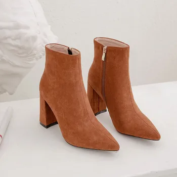 YQBTDL/Мода 2020 г.; зимни дамски обувки от изкуствен Велур Черен, Сив на цвят с остри пръсти На Високо Блок ток; Ежедневни Офис дамски Обувки ; Дамски Обувки
