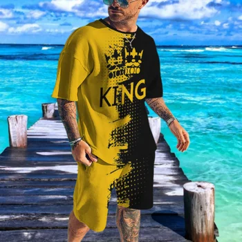 Горещо Лято Мъжки 3D Принт Короната на КРАЛ Дизайн на Тениска Комплект За Почивка на Плажа Улица От Две части Утринна Разходка Негабаритная Спортно Облекло