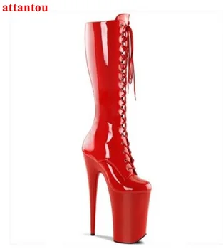 дамски дълги ботуши на специална платформа и ток; новост 2017 г.; модерни червени ботильоны; вечерни модела обувки на висок ток 20 см/15 см; дамски обувки