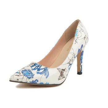 Дамски Лоферы на Висок ток с флорални принтом, по-Големи Размери, Дамски Елегантни Модни Нови Сватбени обувки на висок ток с Нокти
