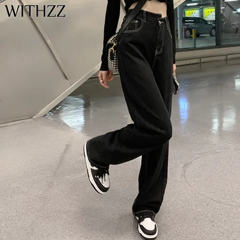 Дамски черни дънкови панталони с диагонални бутони WITHZZ, пролет-есен, средно за кацане, прави Панталони, дамски Панталони, Дънки