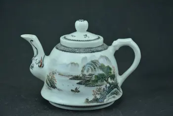 Древен китайски порцеланов чайник, пастельная глазура, Пейзаж, Обстановка в дома, занаяти, изработени ръчно изработени/Колекция