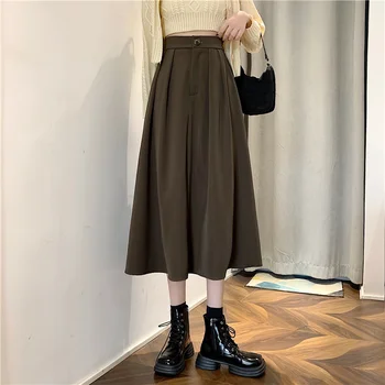 Дълга пола, дамски Нова тънка пола трапецовидна форма, с висока талия, Есенен дамски Малка универсална черна пола-чадър със средна дължина