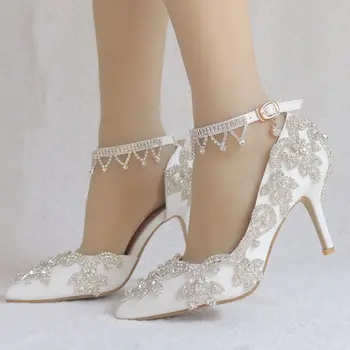 Есенни бели сватбени обувки на висок ток с остър пръсти за младоженци, сватбени обувки с кристали и пискюли, въздушно банкет рокля големи размери, дамски обувки
