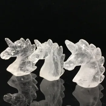 Изцеление Кристални Черепа на Еднорога от естествен прозрачен кристал, Ръчно изработени за подарък 2 инча
