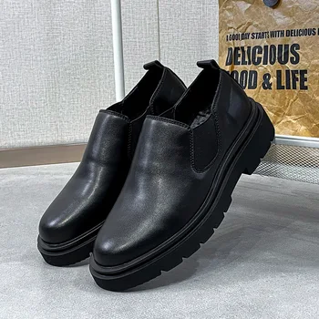 Корейската дизайнерски мъжки обувки за почивка от естествена кожа, обувки на платформа без шнур, дишащи летни лоферы, черна джентльменская обувки, мъжки