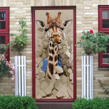 Креативна защита на околната среда 3D стикер на вратата с жирафа, която е възстановена на самозалепващи стикер на стената спални от PVC