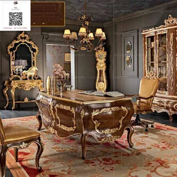 Луксозни Мебели за кабинет на Вила, работно бюро в европейски стил, шкафове, Комбинирана Дърворезба, Начало на работния плот на Шефа, Компютърна маса