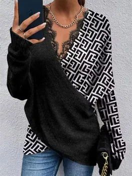 Модерен Жена ТОП 2022 Y2k Дрехи С Гео Модел Контрастен Завързана Пуловер с Дълъг Ръкав И Мирис на Моите Поръчки Ежедневни Тениска Ropa Mujer Femme