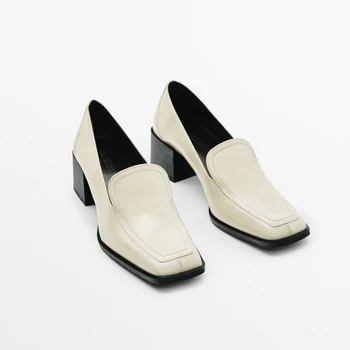 Модни дамски обувки-лодка от естествена кожа на висок ток в британския стил, дамски обувки с квадратни пръсти на кратък ток, 2023 г., Пролетен дамски обувки от телешка кожа