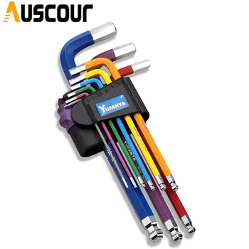 Набор от шестоъгълни ключове Auscour 9 бр., на Набор от шестоъгълни ключове с отточна край, Определени метрични шестоъгълни ключове с цветна маркировка, с размери 1,5-10 мм