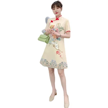 Нов 3XL 4XL Лятото Дневни Вечерни Свободни Модни Модерните Рокли Рокля За Жените Къс Ръкав Рокля на Традиционната Китайска Облекло