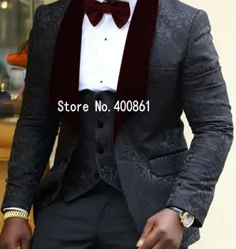 Нов Дизайн, черни смокинги на една пуговице, Шал, Винарска на Ревера, Кума, Мъжки Сватбен костюм (Яке + Панталон + Елек + вратовръзка), W: 299
