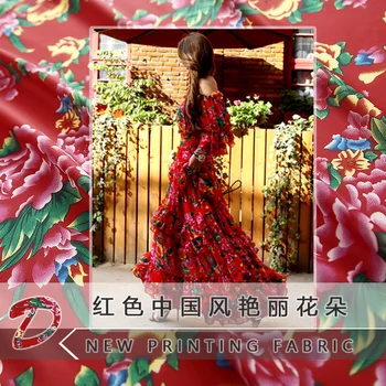 Новата марка е червена на китайски стил прекрасни цветя модел полиестер шифоновая плат дигитален печат на плат за директни продажби с фабрика
