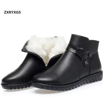 Нови черни Ежедневни зимни обувки от естествена телешка кожа, Дамски обувки, Удобни обувки на равна подметка, Топли плюшени/Вълнени, Зимни обувки, Ботильоны