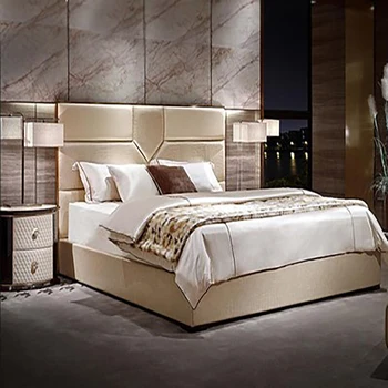 Светла луксозен минималистичен начало спалня 1.8 m легло модерен минималистичен двойно легло от телешка кожа кожена художествена квадратна легло мека опаковка