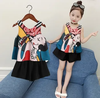 Шифоновый топ + шорти, комплект с принтом, Корейската версия на Новия рокли на принцеси за момичета, Детски рокля с пола, рокля